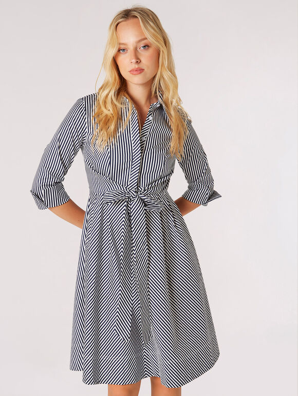 Cotton Stripe Shirt Mini Dress, Navy, large