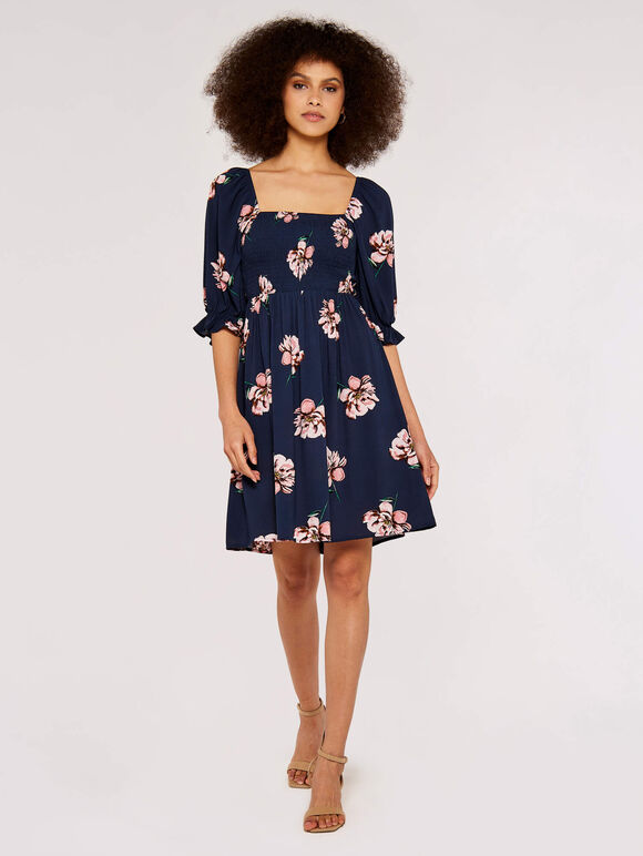 Graphic Floral Milkmaid Mini Dress, Navy, large