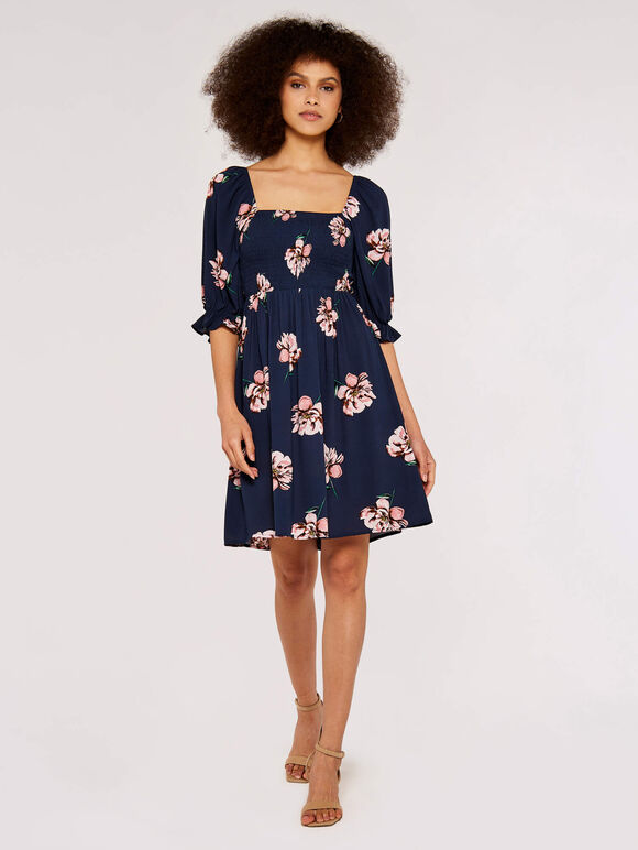 Floral Smock Puff Sleeve Dress, Navy, large