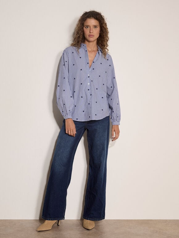 Heart Embroidered Stripe Cotton Shirt, Blue, large
