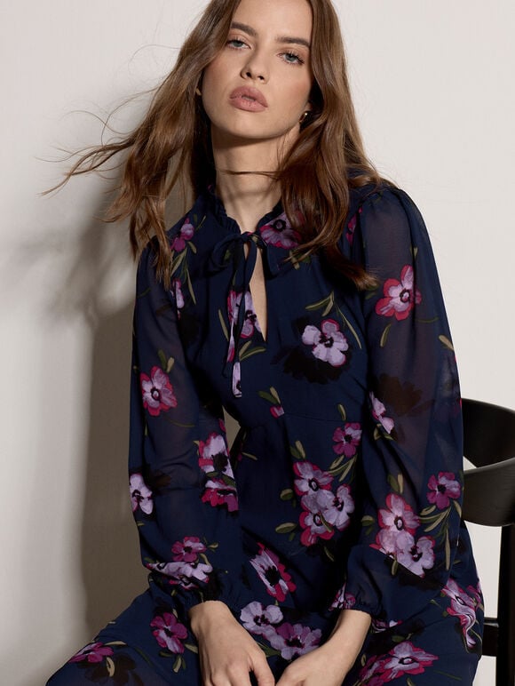 Floral Print Chiffon Midi Dress, Navy, large