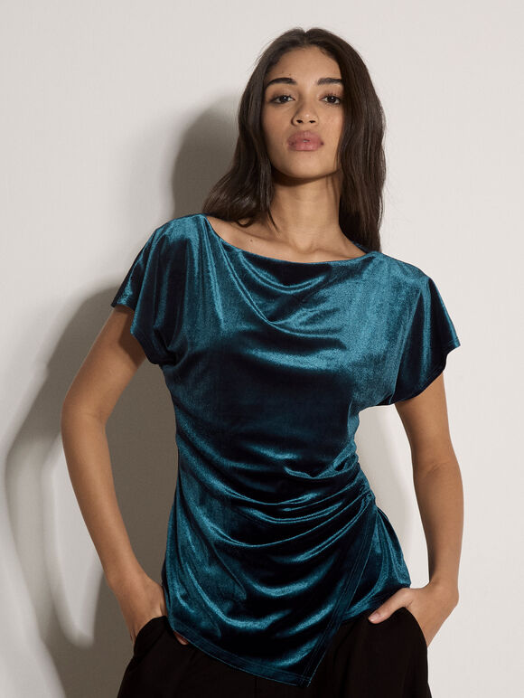 Asymmetric Ruched Velvet Top, Teal, large