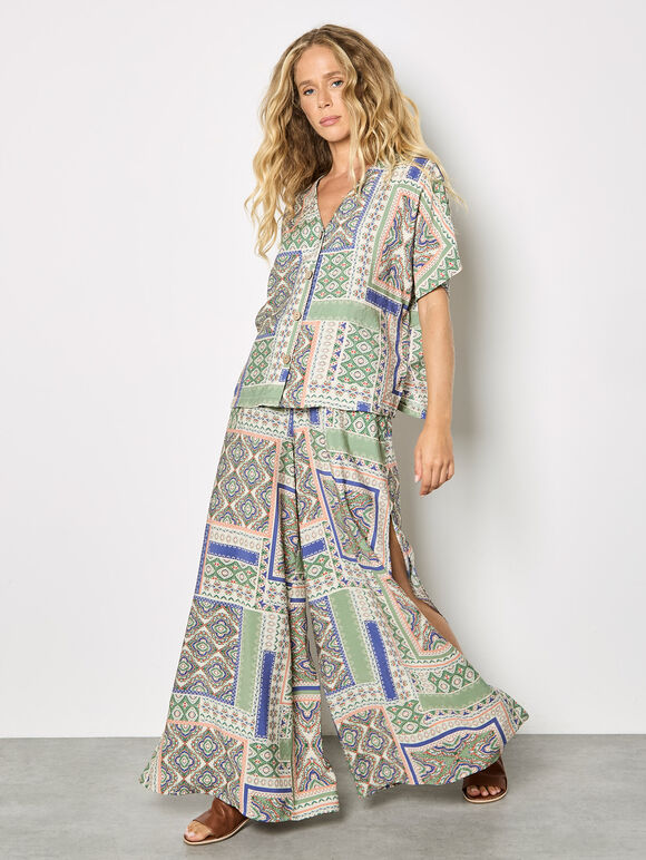 Folk Patchwork Wide Leg Trousers, Stone, large