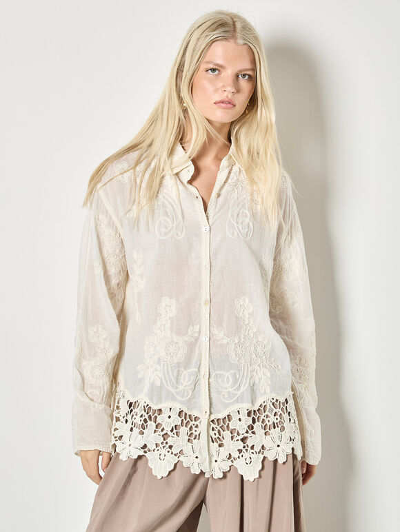 Embroidered Mesh Lace Oversized Shirt, Stone, large