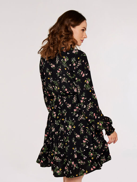 Floral Tiered Dress, Black, large