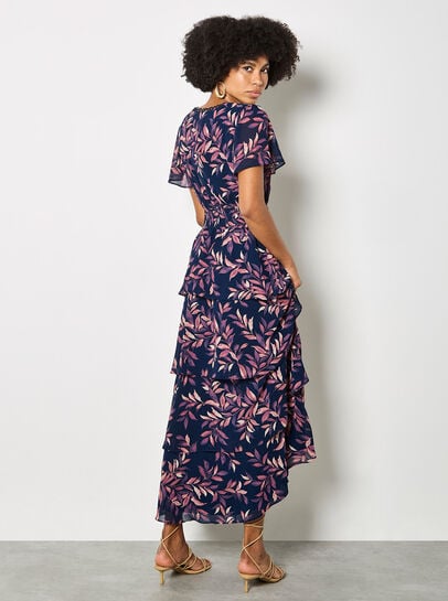Watercolour Leaves Chiffon Tiered Maxi Dress