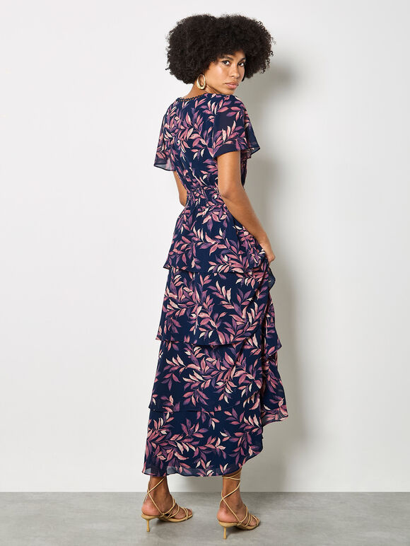 Watercolour Leaves Chiffon Tiered Maxi Dress, Navy, large