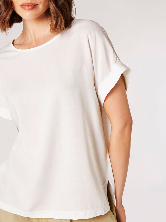 Rolled Sleeves Simple T-Shirt, Cream, large