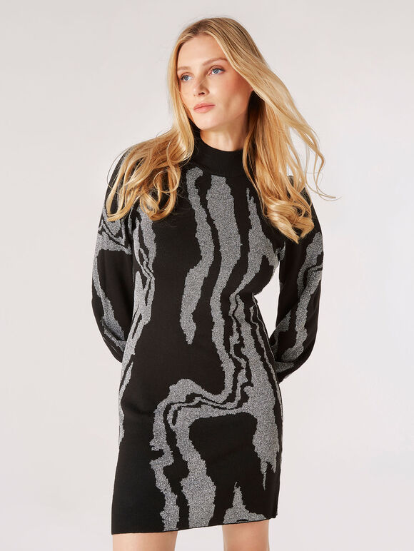 Metallic Swirl Jumper Mini Dress, Black, large