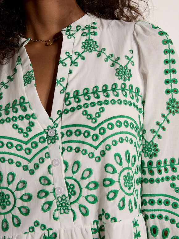 Floral Broderie Anglaise Midi Dress, Green, large