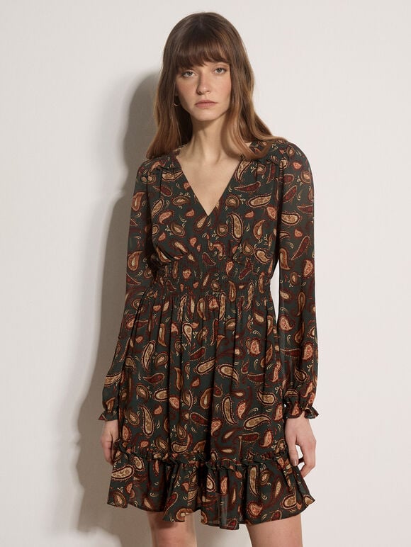 Chiffon Ruffle Paisley Mini Dress, Green, large