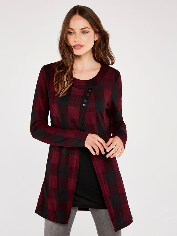 Gingham 5 Button Jersey Layer Top, Burgundy, large