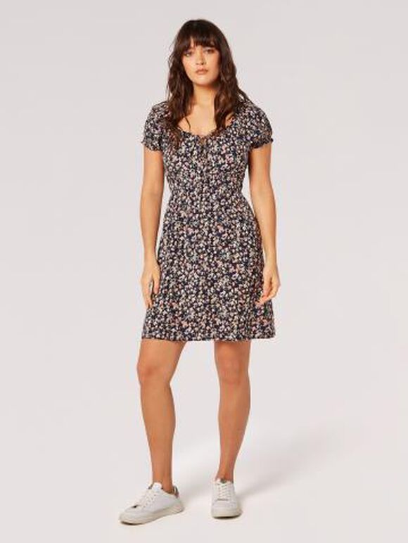 Ditsy Floral Milkmaid Mini Dress, Navy, large
