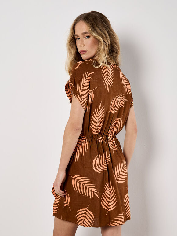 Tropical Leaf Wrap Mini Dress, Rust, large