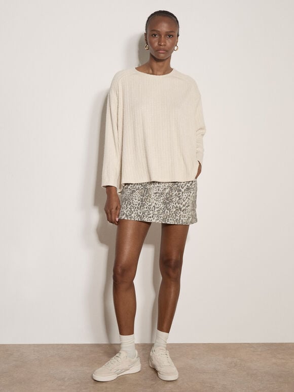 Jacquard Knit Jersey Top, Stone, large