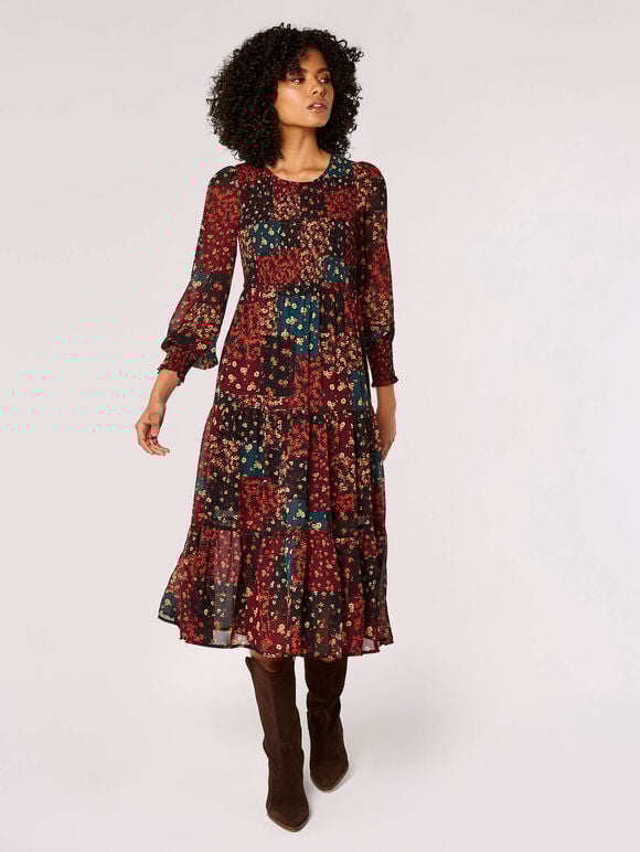Patchwork Chiffon Midi Dress, Black, large