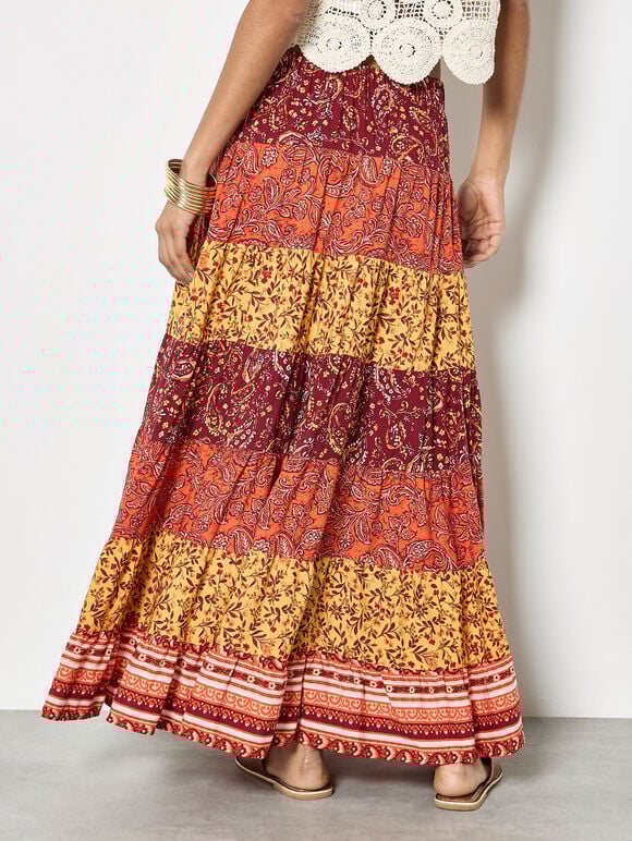 Patchwork Print Tiered Maxi Skirt, Orange, large