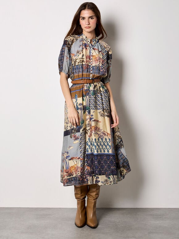 Patchwork Print Midi Dress, Navy, large