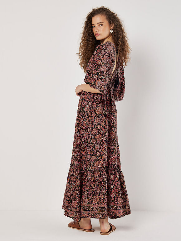 Foil Floral Paisley Satin Maxi Dress, Black, large