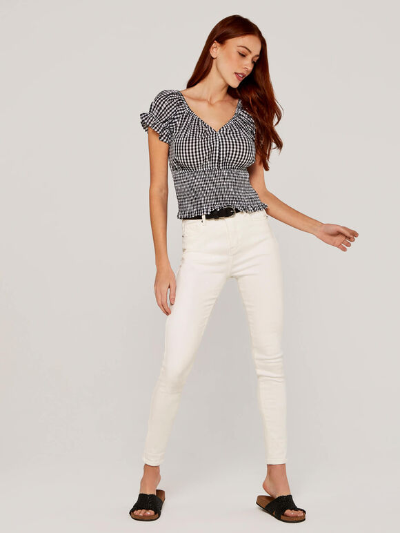 Gingham Smock Detail Top, Black, large
