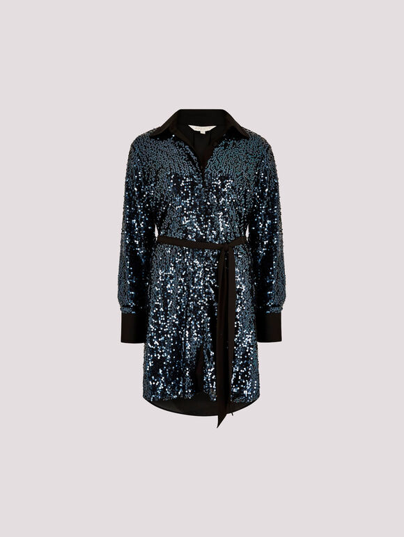 Sequin Shirt Mini Dress, Dark Grey - Charcoal, large
