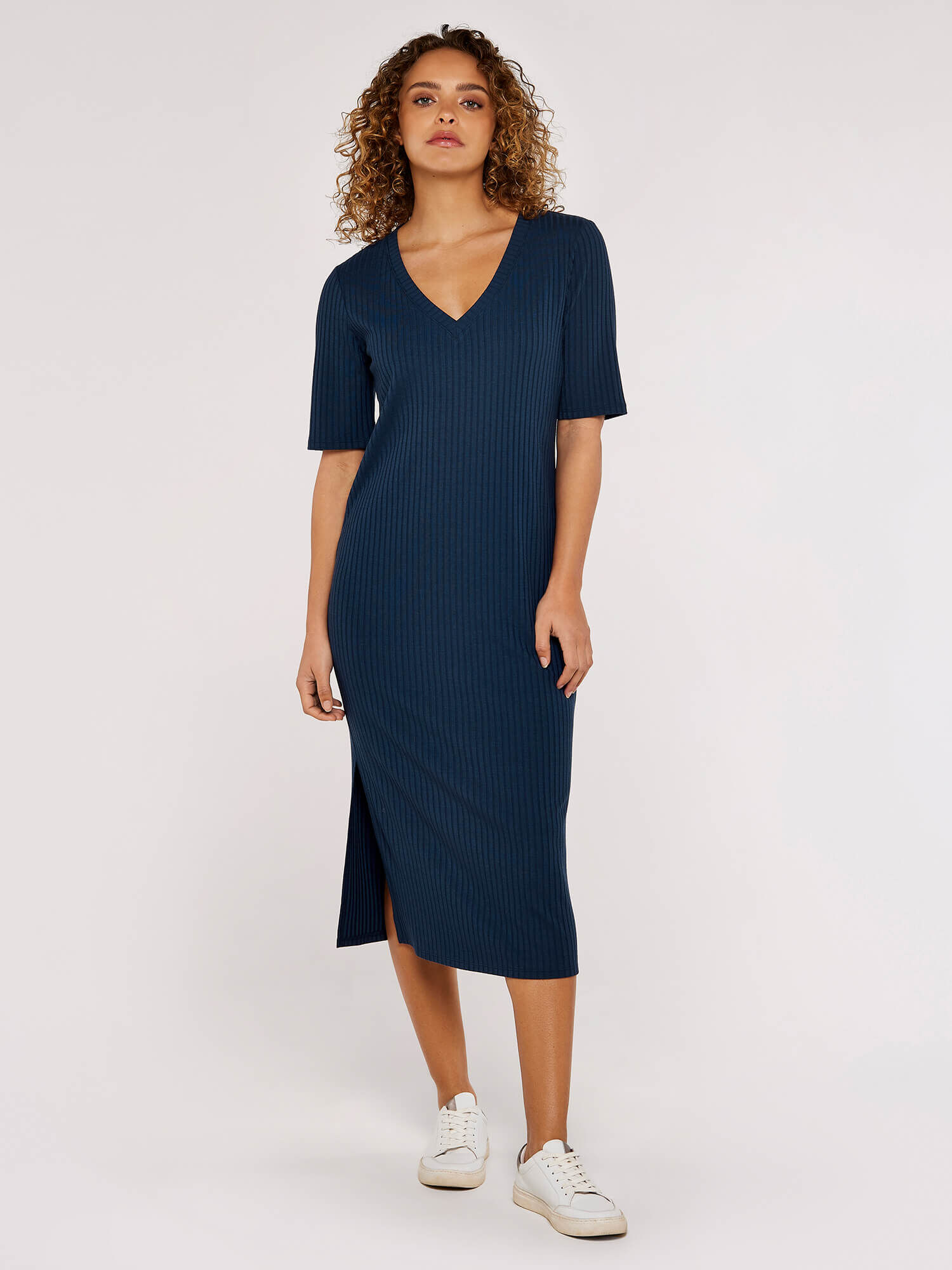 Ribbed Midi V Neck Dress Apricot Clothing