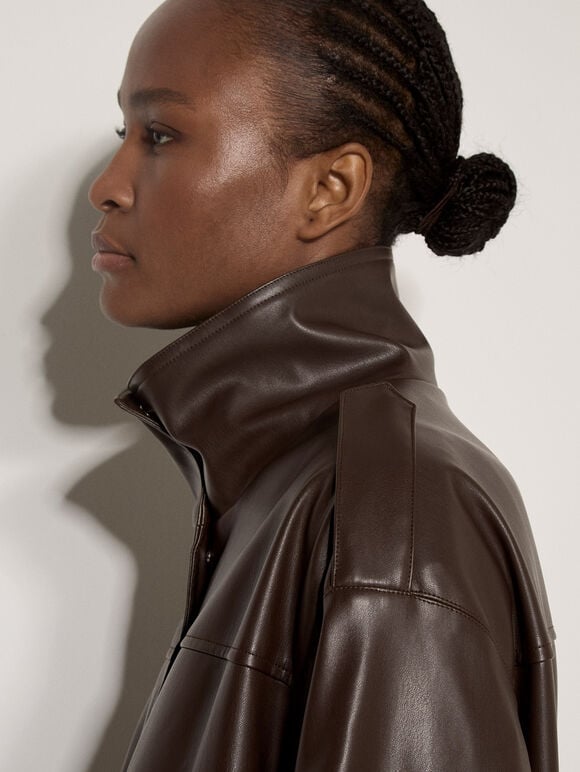 Oversized Faux Leather Jacket, Brown, large