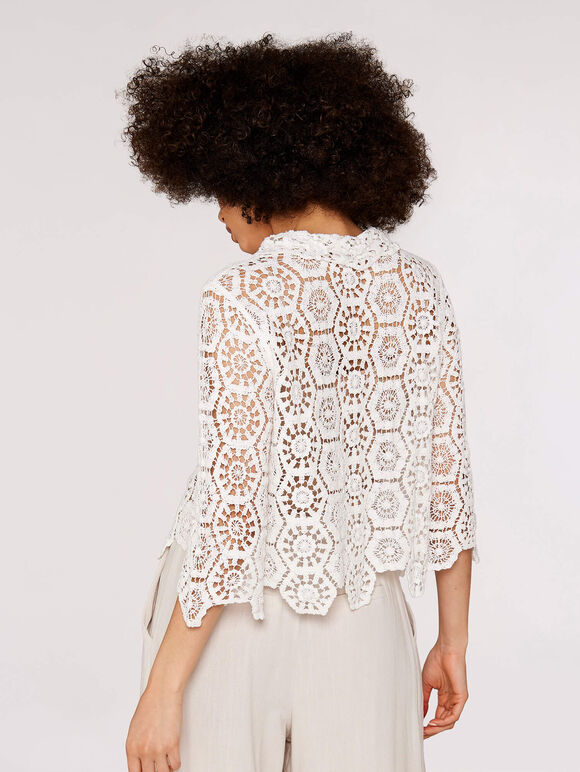 Geometric Cotton Crochet Shirt, White, large