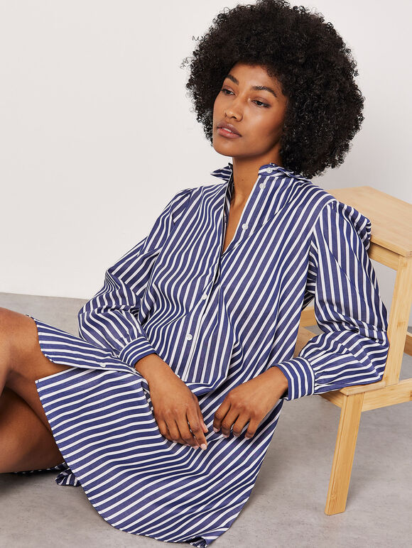 Stripe Shirt Cotton Mini Dress, Navy, large