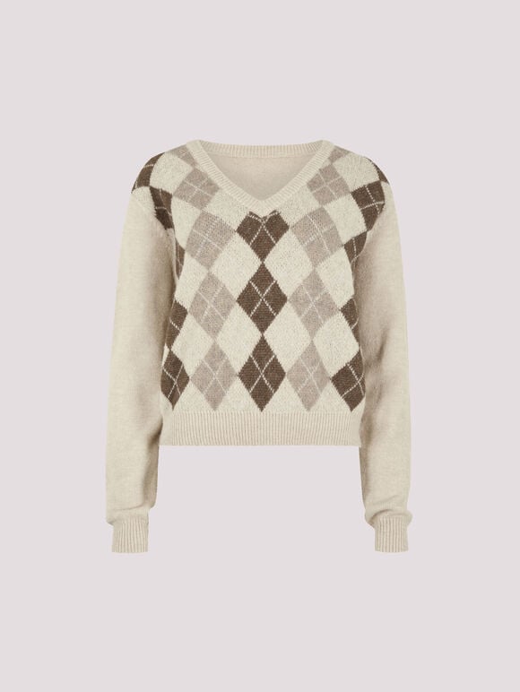 Cropped Argyle Jumper, Stone, large
