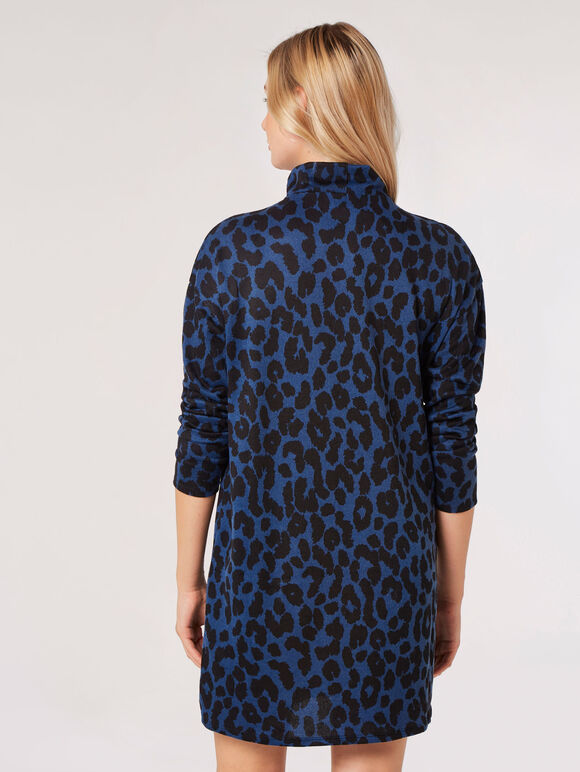 Cheetah Mock Neck Mini Dress, Navy, large