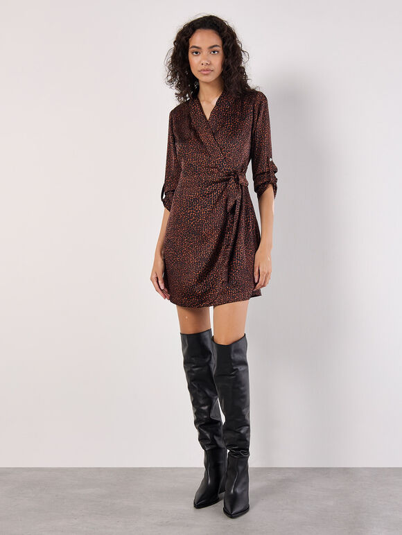 Animal Print Satin Wrap Mini Dress, Rust, large