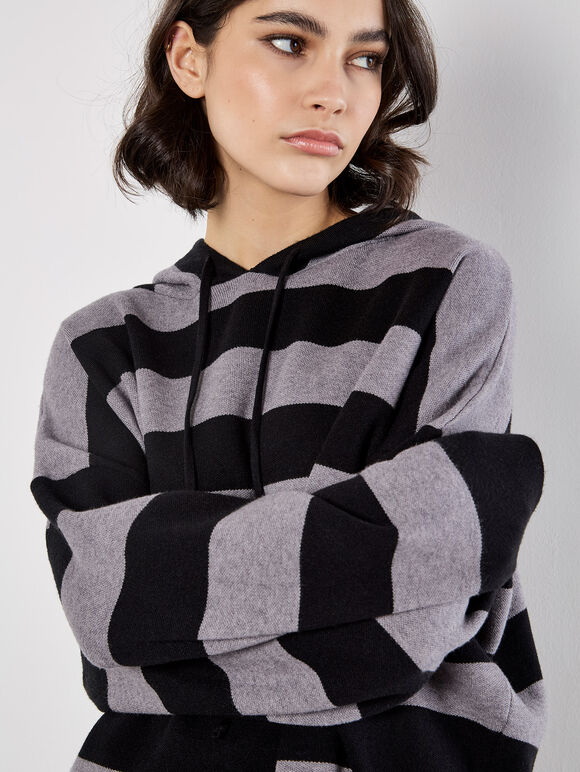 Hooded Stripe Tunic Jumper, Grey, large
