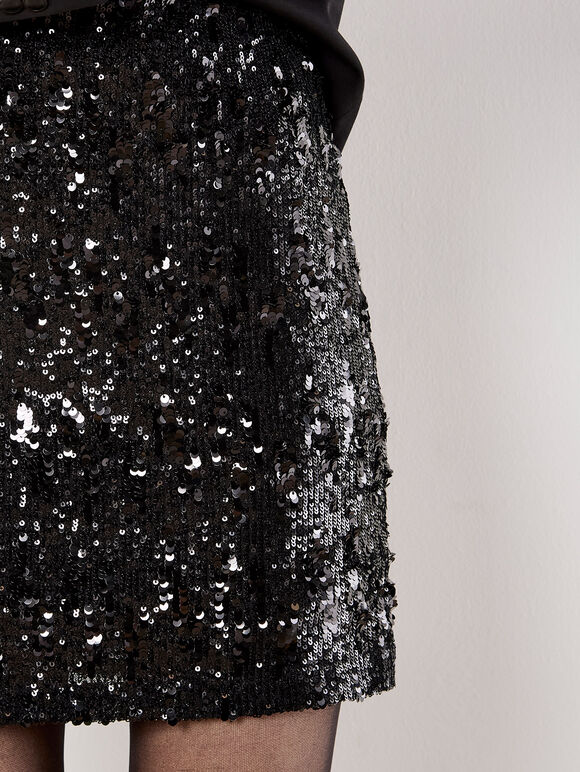 Multi Sequin Bodycon Mini Skirt, Black, large