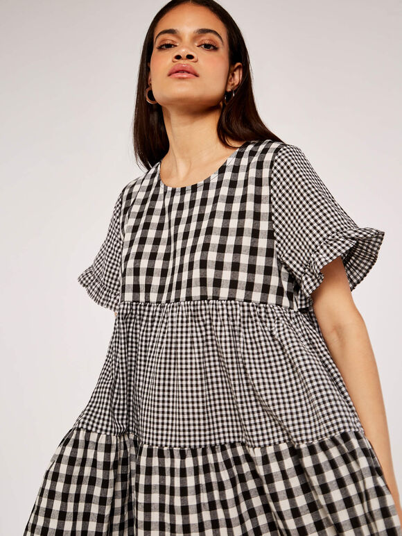 Gingham Tiered Dress, Black, large