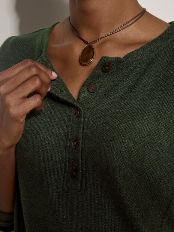 Waffle Knit Button Neck Top, Green, large