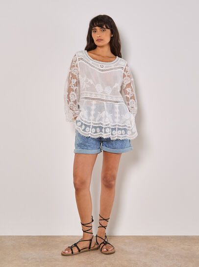 Embroidered Mesh Oversized Top