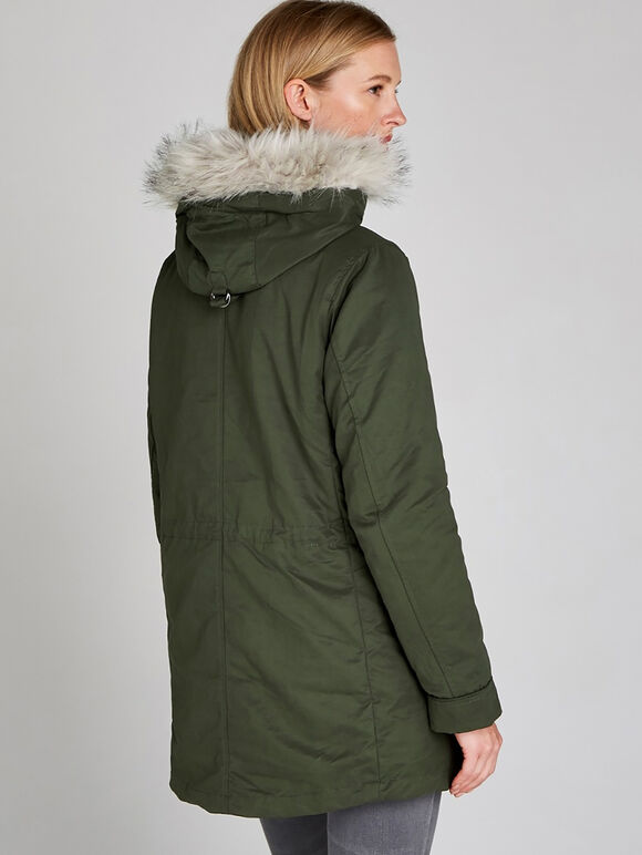 Removable Padding Faux Fur Hood Coat, Khaki, large