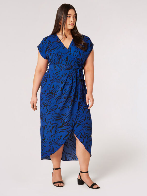 Curve Swirl Wrap Midi Dress, Blue, large