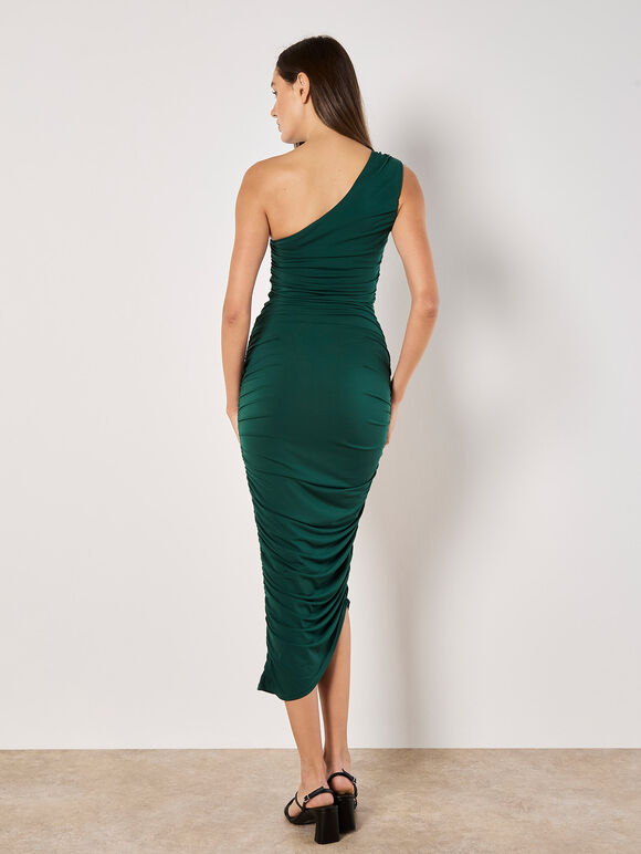 One Shoulder Ruched Maxi Dress, Green, large
