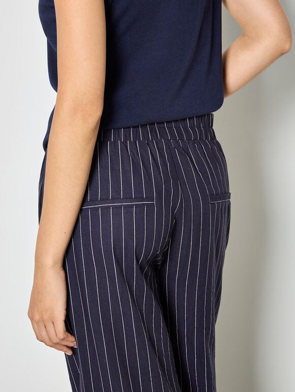 Pinstripe Linen Blend Wide-Leg Trousers, Navy, large