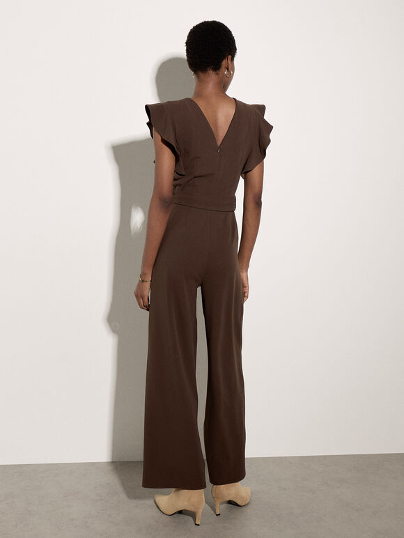 Ruffle Sleeve Jersey Jumpsuit, Brown, large