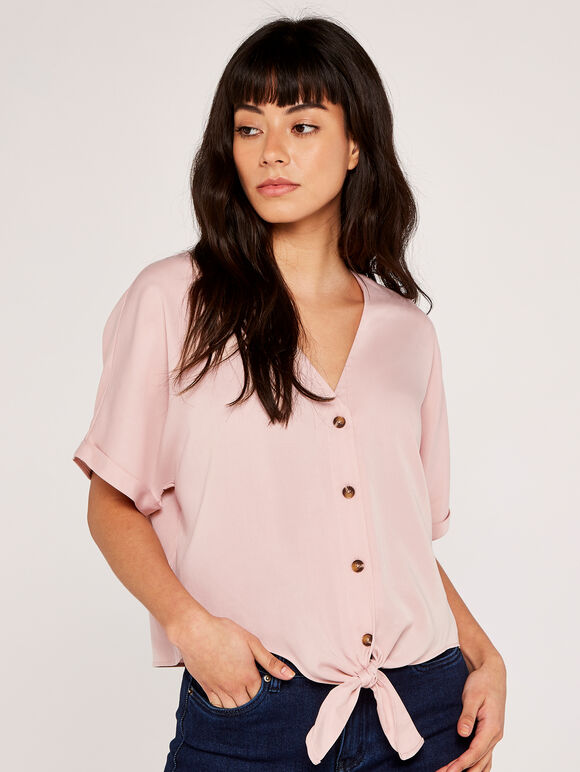 Button Tie Front Top, Pink, large