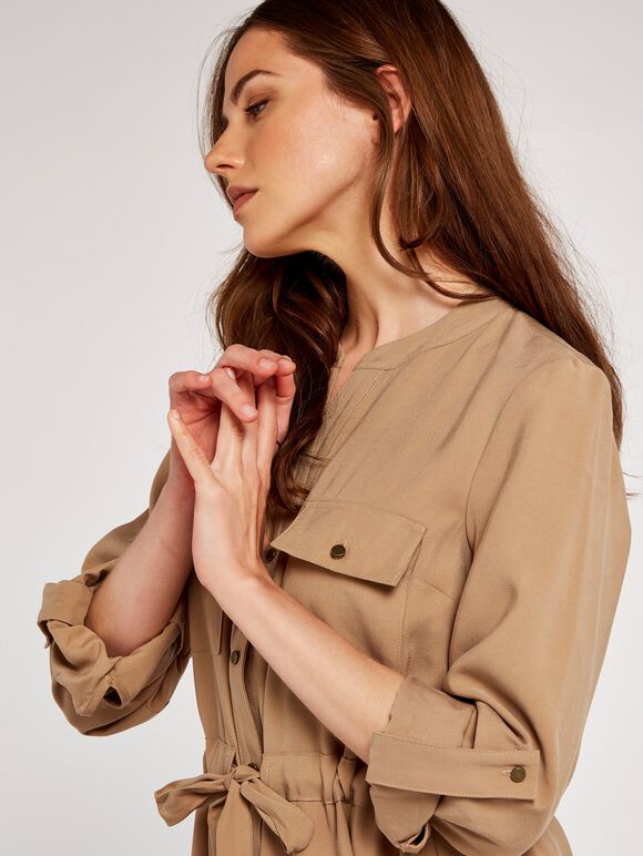 Tie Front Shirt Dress, Stone, large