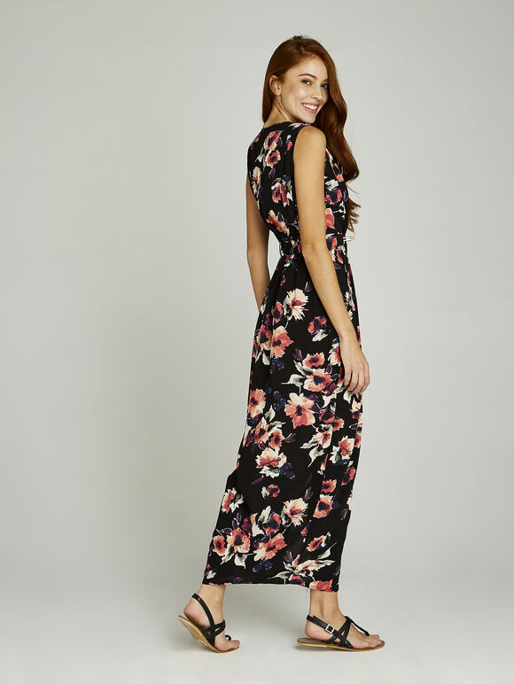 Black Watercolour Zip Front Maxi Dress, Black, large