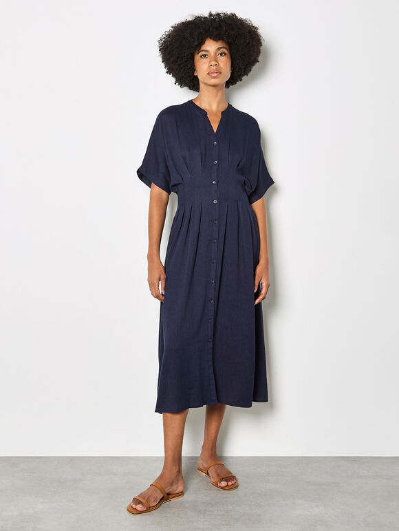 Pleated Shirt Midi Dress, Navy, large