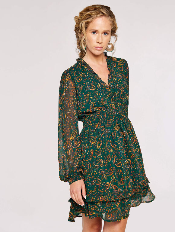 Paisley Ruffle Mini Dress , Green, large