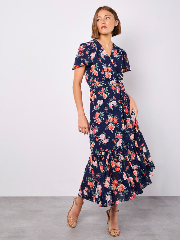 Painterly Roses Wrap Maxi Dress, Navy, large