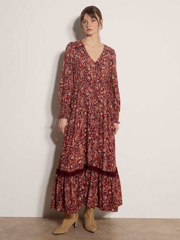 Paisley Floral Maxi Dress, Burgundy, large