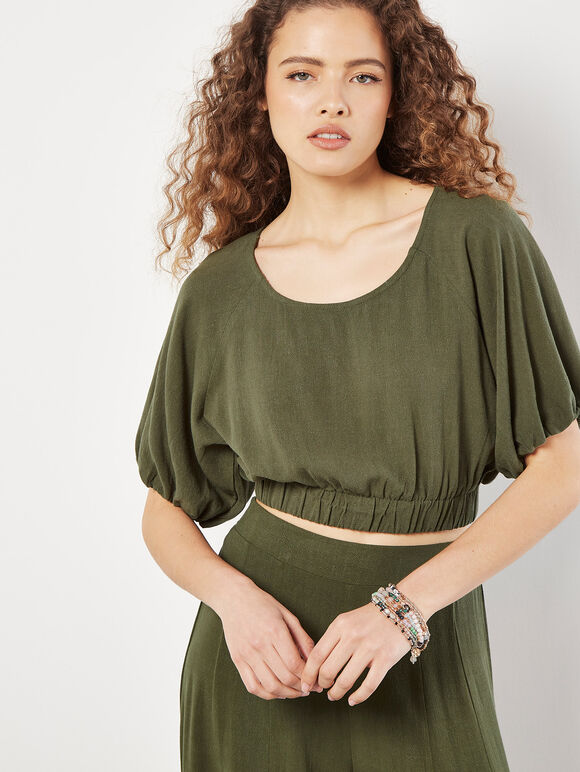 Linen Blend Crop Top, Khaki, large